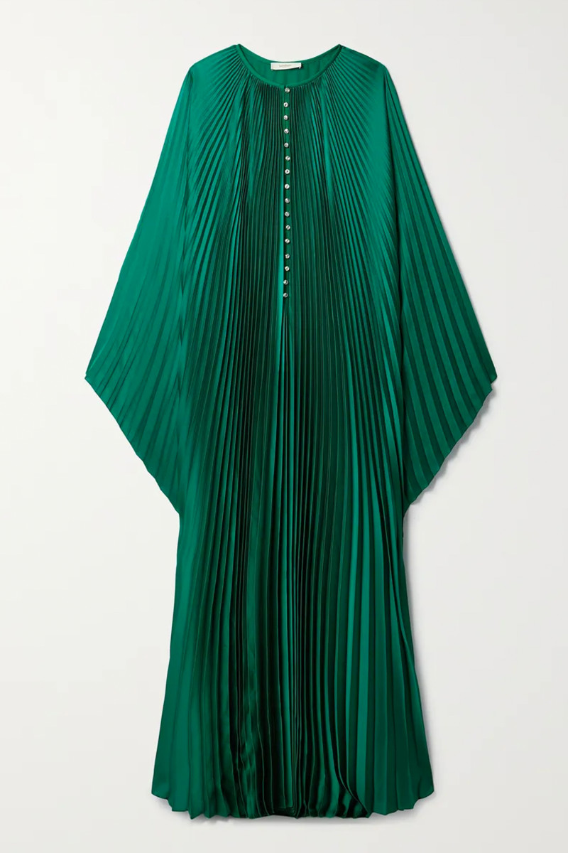 Sem Sem Satin Plissé<br>
Kaftan with Crystal Buttons Green