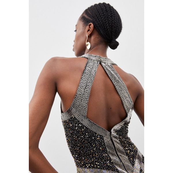 Karen Millen Crystal Embellished Halter Woven Maxi Dress