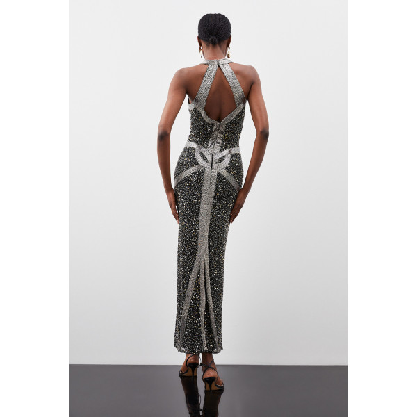 Karen Millen Crystal Embellished Halter Woven Maxi Dress