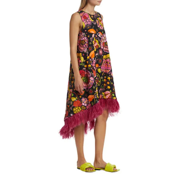 La DoubleJ Feather-Trimmed Midi Dress