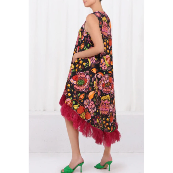 La DoubleJ Feather-Trimmed Midi Dress