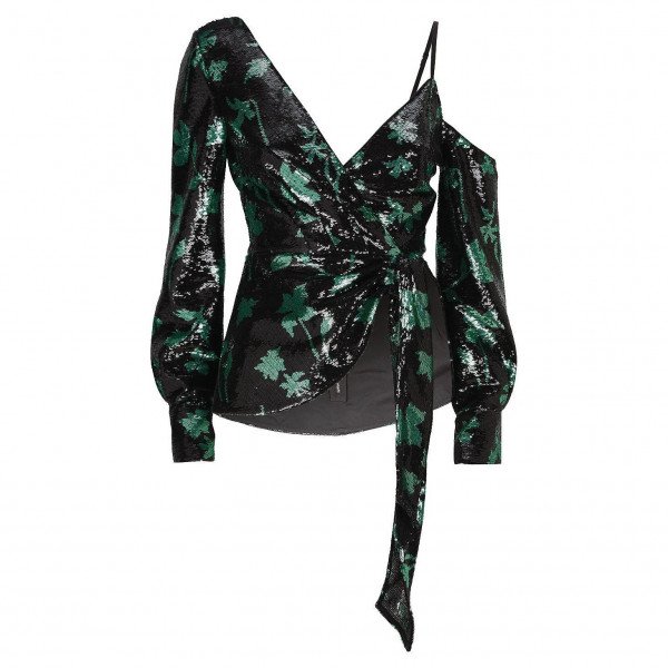 Self-Portrait Sequin Leaf Print Wrap Top