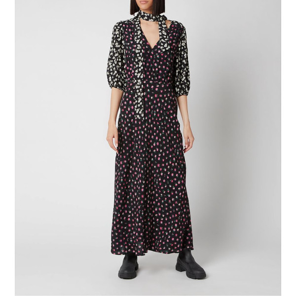 Rixo Floral Print V-Neck Gown With Neck Tie