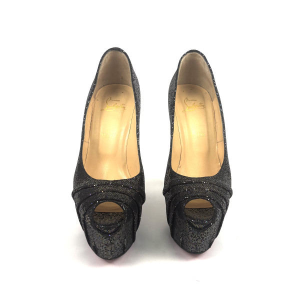Christian Louboutin Black Iridescent Glitter Peep-Toe Platform Heels