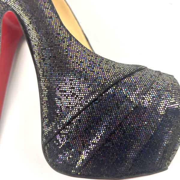 Christian Louboutin Black Iridescent Glitter Peep-Toe Platform Heels