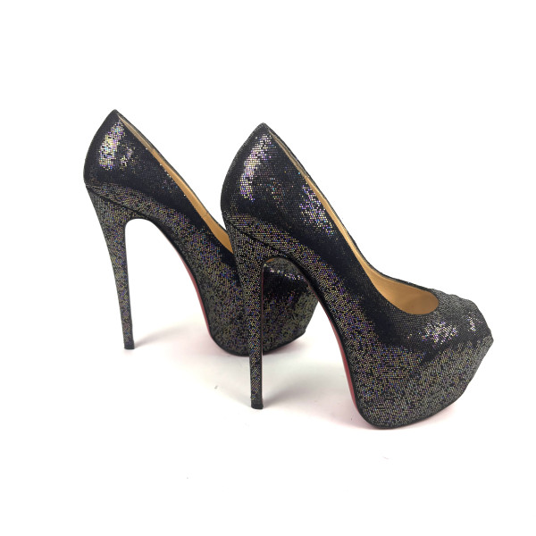 Christian Louboutin Black Iridescent Glitter Peep-Toe Platform Heels