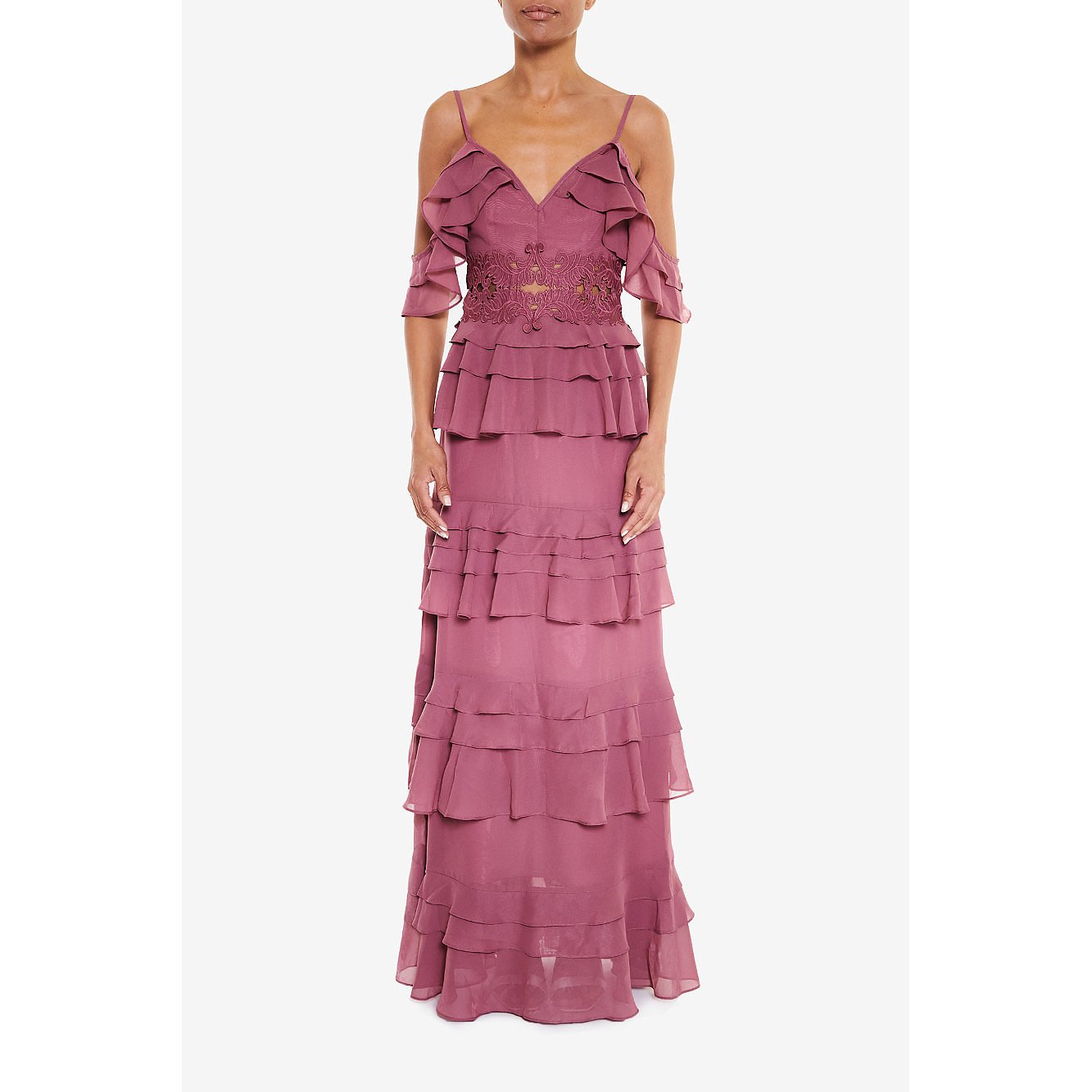 True Decadence Plunge Front Tiered Ruffle Maxi Dress