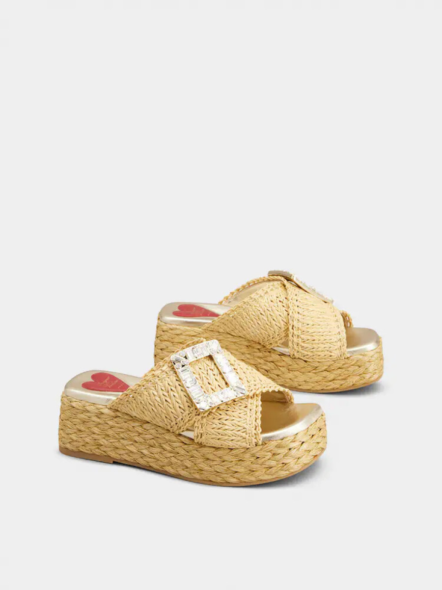 Roger Vivier Raffia Platform Sandals with Crystal Buckle