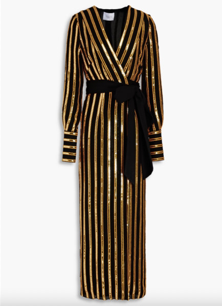 Galvan London GALVAN Pride Sequin-Embellished Stripe Pattern Woven Midi Wrap Dress