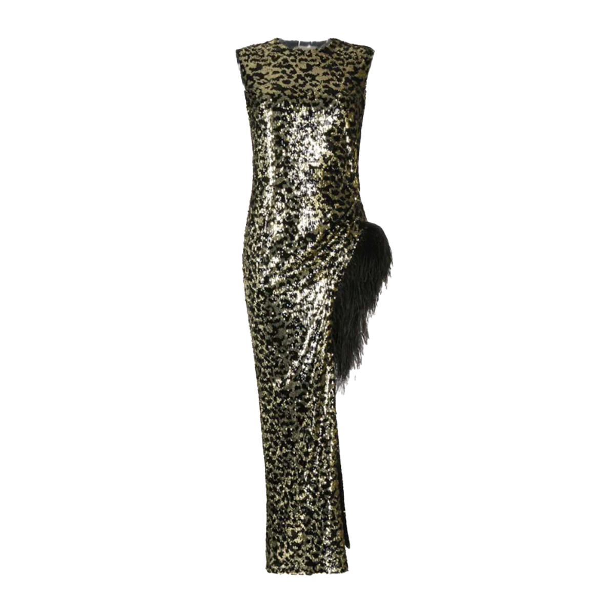 Sem Sem Leopard<br>
Sequin Gown with Ostrich<br>
Feather Detail