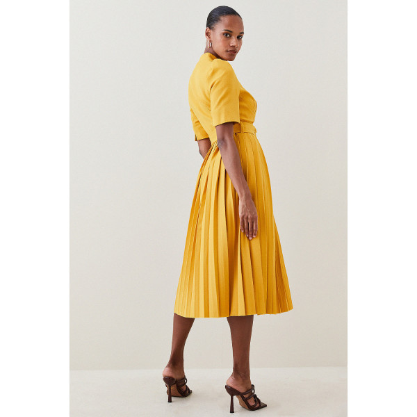 Karen Millen Structured Crepe Forever Pleat Belted Midi Dress