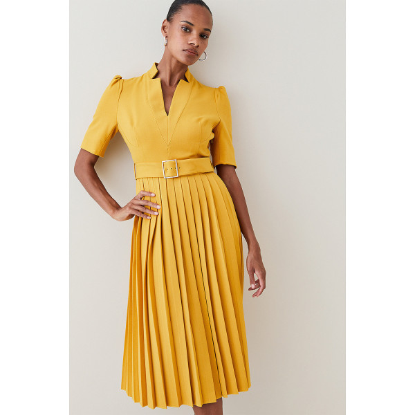 Karen Millen Structured Crepe Forever Pleat Belted Midi Dress