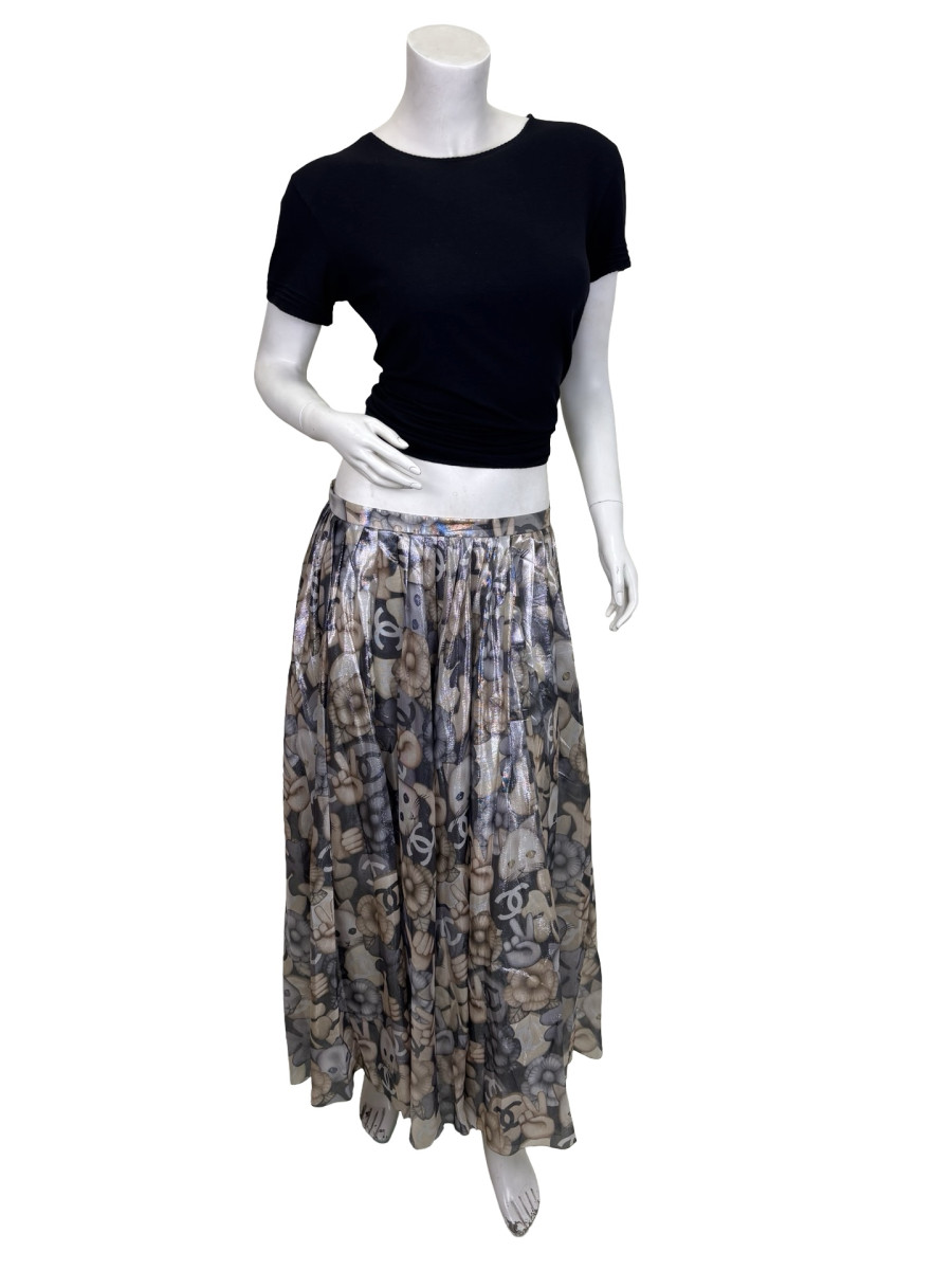 CHANEL Monogram Cat Print Pleated Skirt