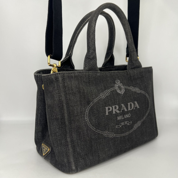 PRADA Logo Printed Denim Tote Bag
