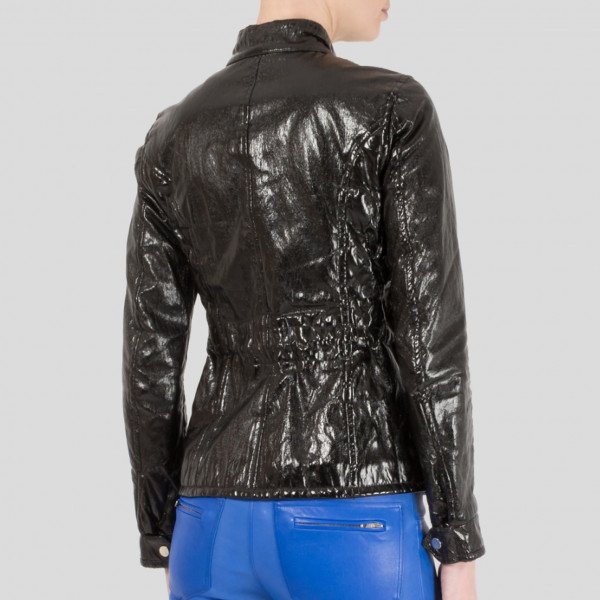 Black patent store leather motorcycle jacket
