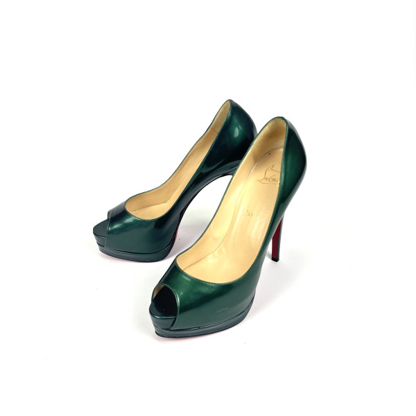 Christian Louboutin Green Patent Leather Peep-Toe Platform Pumps