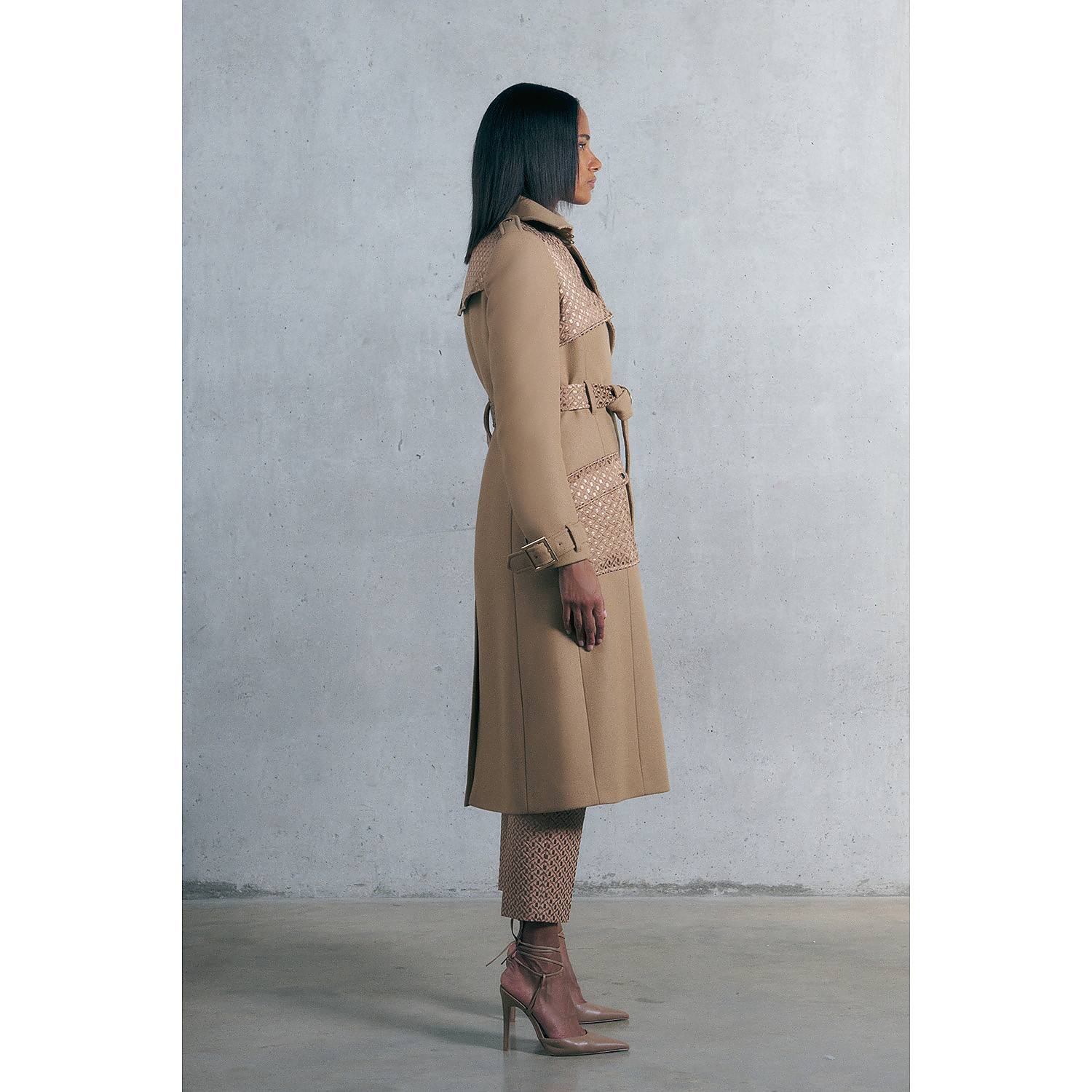 Karen Millen Italian Virgin Wool Jacquard Contrast Trench Coat