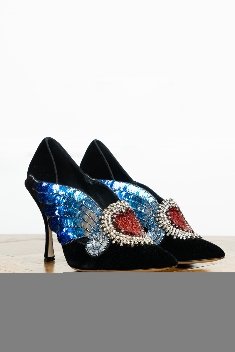 DOLCE & GABBANA DOLCE & GABANNA Lori Velvet Sacred Heart Wings Embroidered Pumps