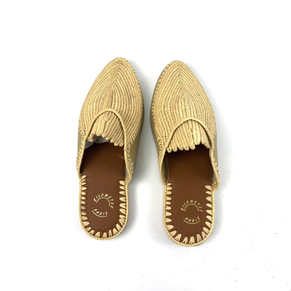 KILOMETRE PARIS Raffia & Leather Slip-On Mules