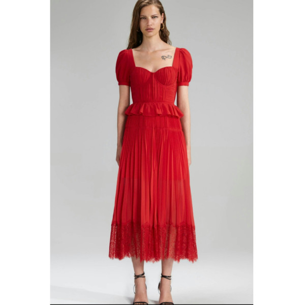 Red pleated midi dress hotsell