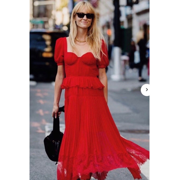 Self-Portrait Red Chiffon Pleated Midi Dress