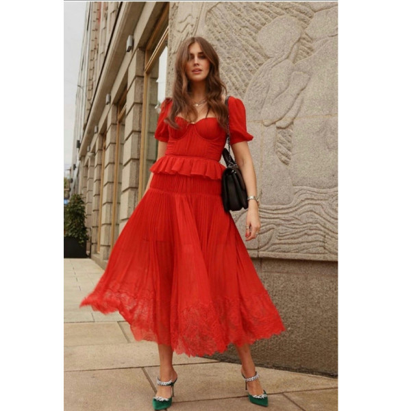 Rent Buy Self Portrait Red Chiffon Pleated Midi Dress MY WARDROBE HQ