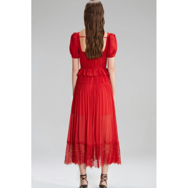Self-Portrait Red Chiffon Pleated Midi Dress