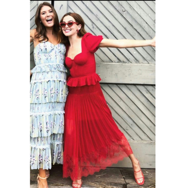 Rent Buy Self Portrait Red Chiffon Pleated Midi Dress MY WARDROBE HQ