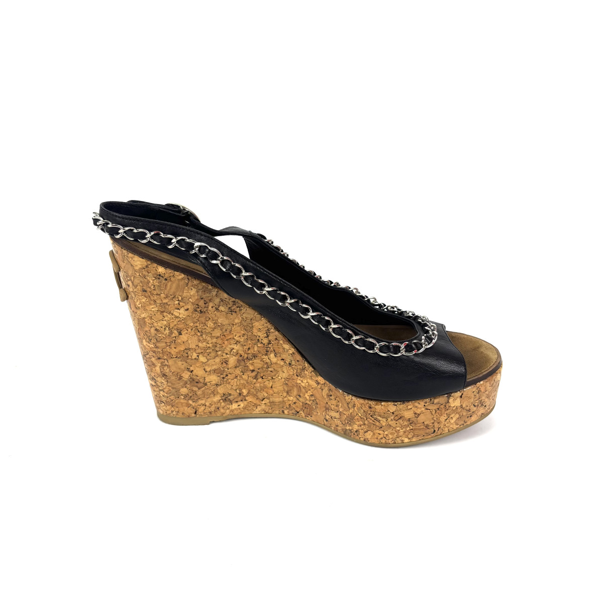 CHANEL Cork & Leather Chain Wedge Sandals