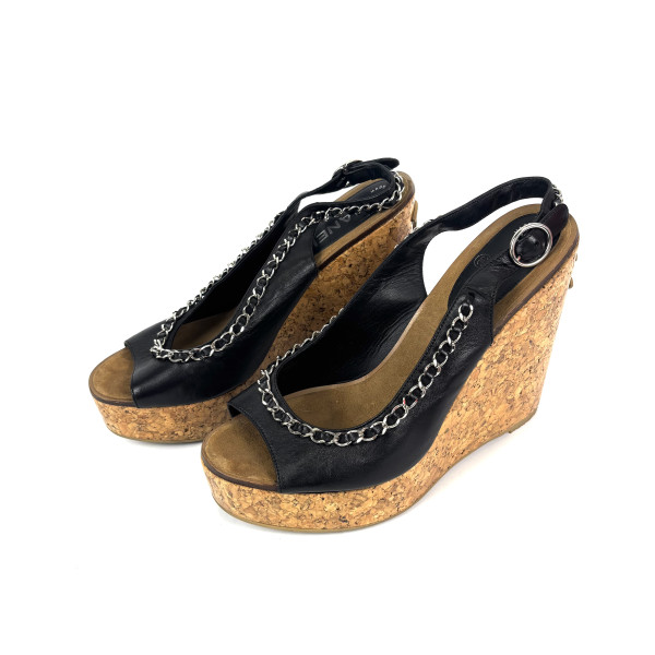 CHANEL Cork & Leather Chain Wedge Sandals
