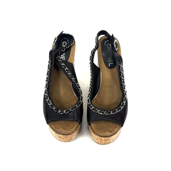 CHANEL Cork & Leather Chain Wedge Sandals
