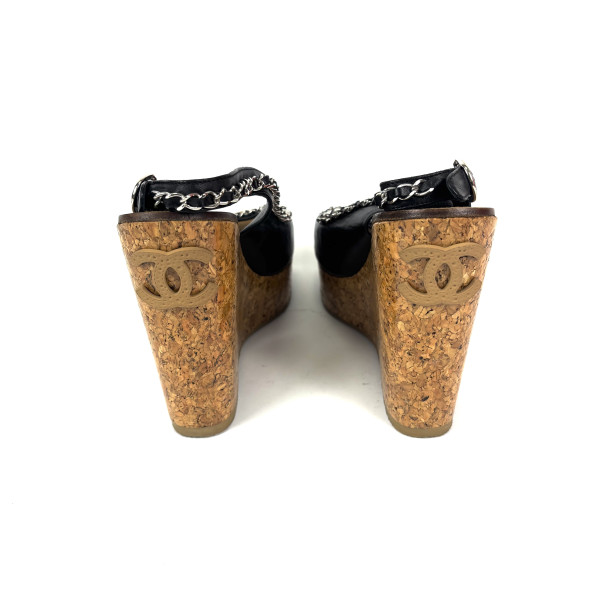 CHANEL Cork & Leather Chain Wedge Sandals