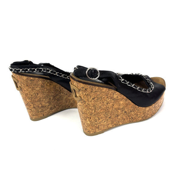 CHANEL Cork & Leather Chain Wedge Sandals