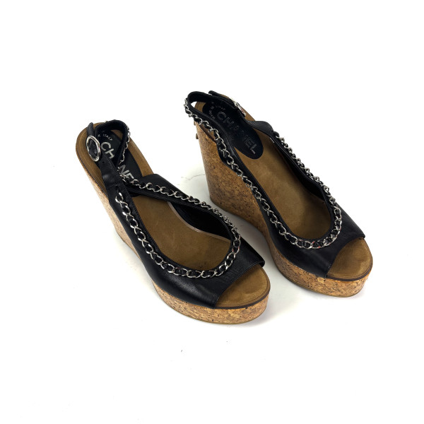CHANEL Cork & Leather Chain Wedge Sandals