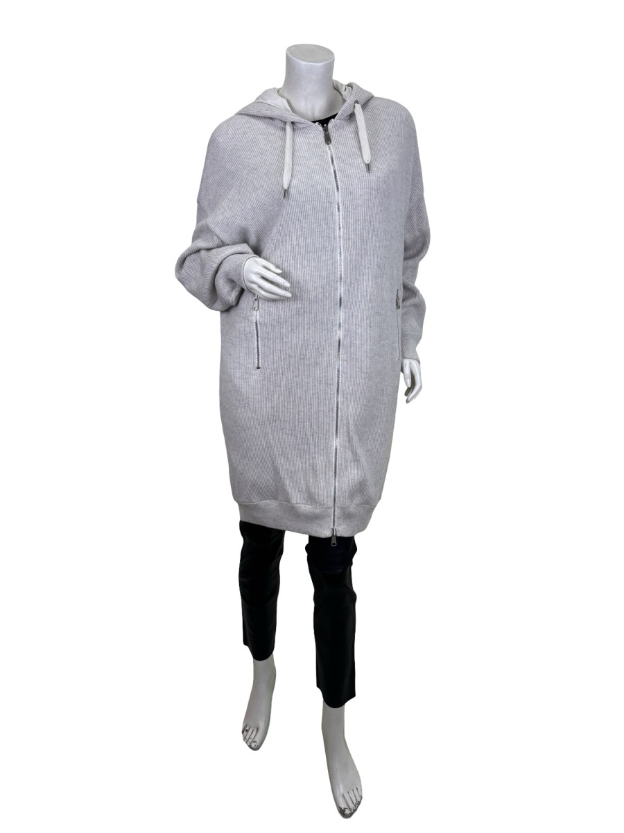 Brunello Cucinelli Long Ribbed Cashmere Hoodie in Grey