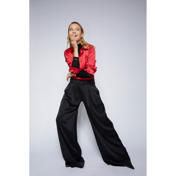 Serena Bute The Relaxed Wide Leg Trouser - Black Plant Based Satin
