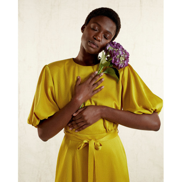 FEMPONIQ Draped Puff Sleeve Satin Dress
