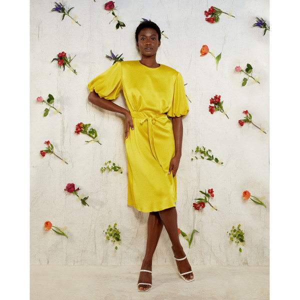FEMPONIQ Draped Puff Sleeve Satin Dress