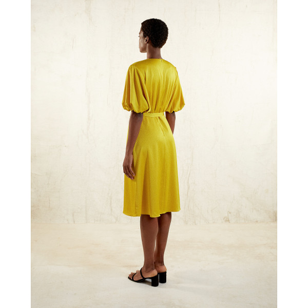 FEMPONIQ Draped Puff Sleeve Satin Dress
