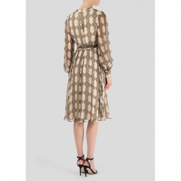 Dhela Cream Printed Faux Wrap Belted Midi Dress