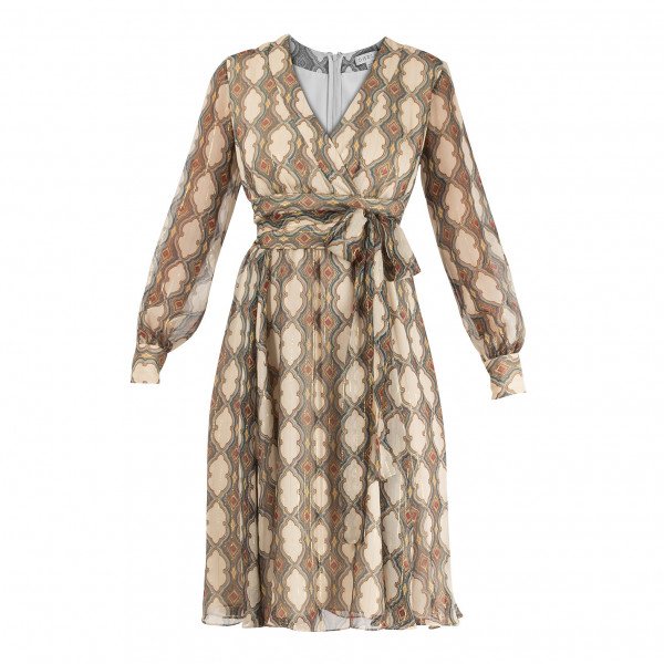 Dhela Cream Printed Faux Wrap Belted Midi Dress