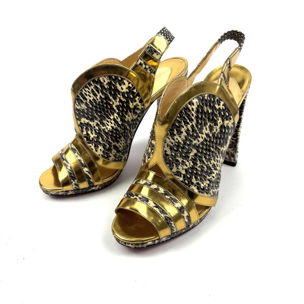 Christian Louboutin Gold & Python-Effect Leather Block Heel Sandals