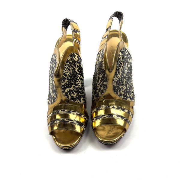 Christian Louboutin Gold & Python-Effect Leather Block Heel Sandals