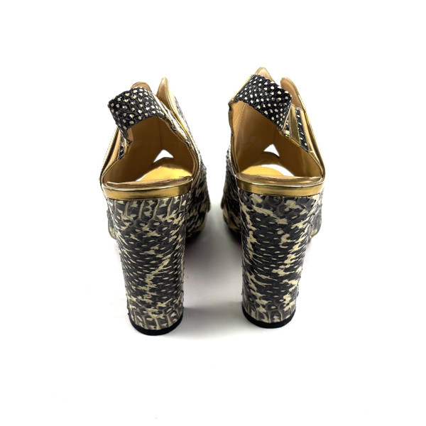 Christian Louboutin Gold & Python-Effect Leather Block Heel Sandals