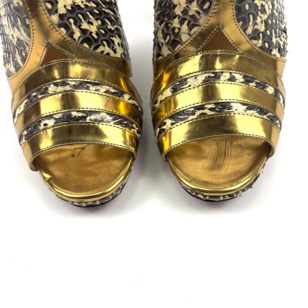 Christian Louboutin Gold & Python-Effect Leather Block Heel Sandals