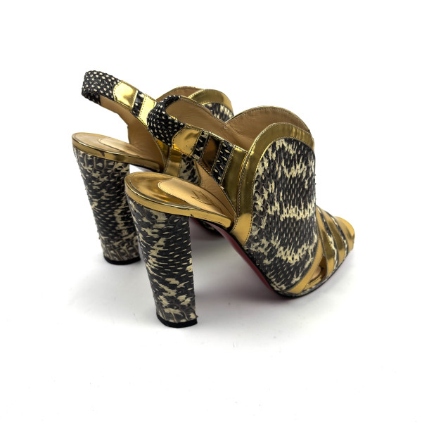 Christian Louboutin Gold & Python-Effect Leather Block Heel Sandals