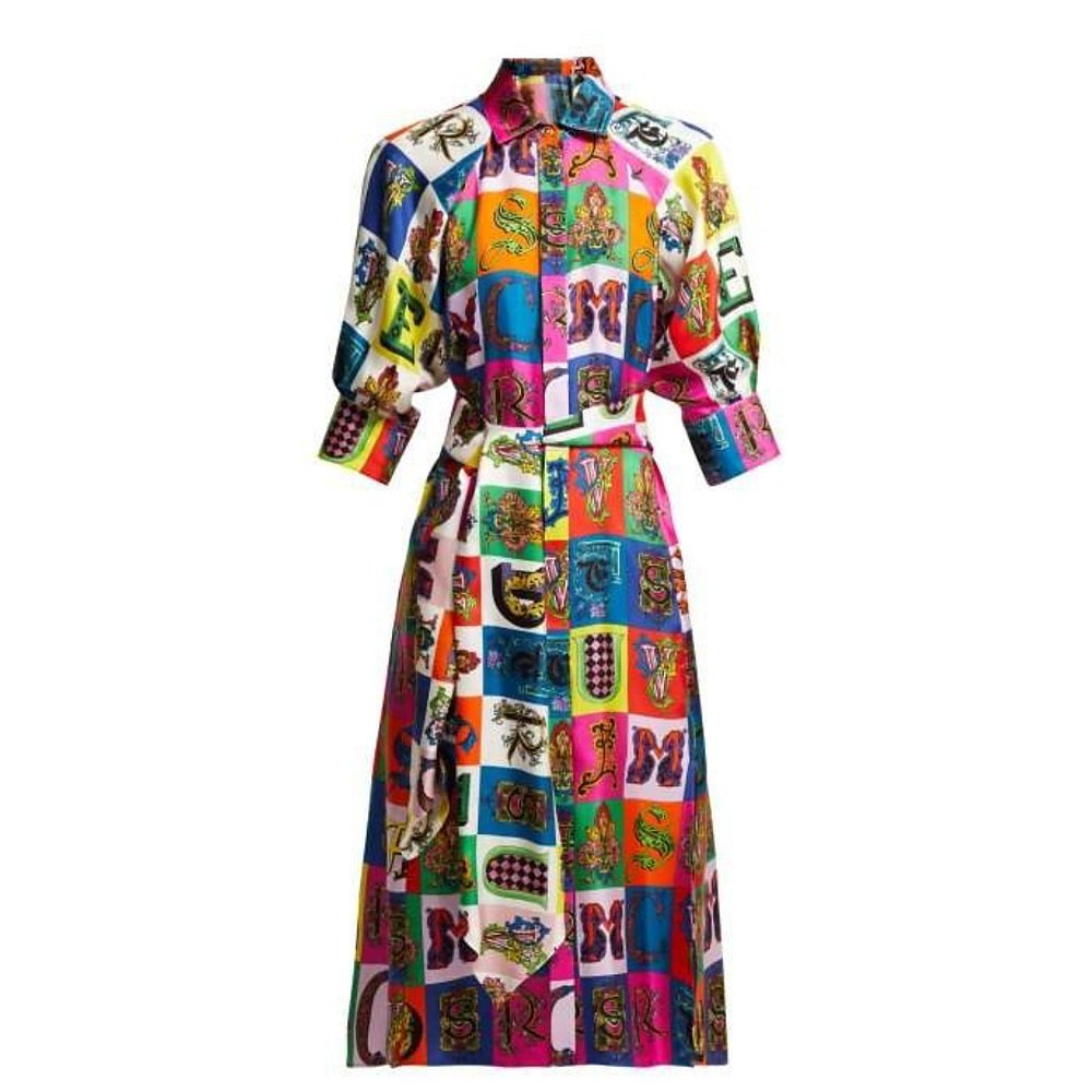 Versace Alphabet-Print Silk Midi Dress