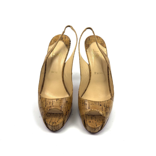 Christian Louboutin Cork Slingback Peep-Toe Heels
