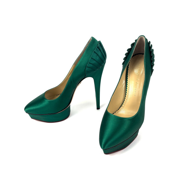 Charlotte Olympia Green Satin Blake Pleated Pumps