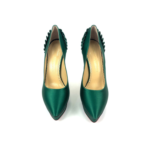 Charlotte Olympia Green Satin Blake Pleated Pumps